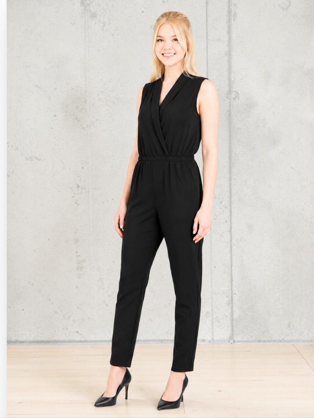Harve Benard black tuxedo wrap v jumpsuit